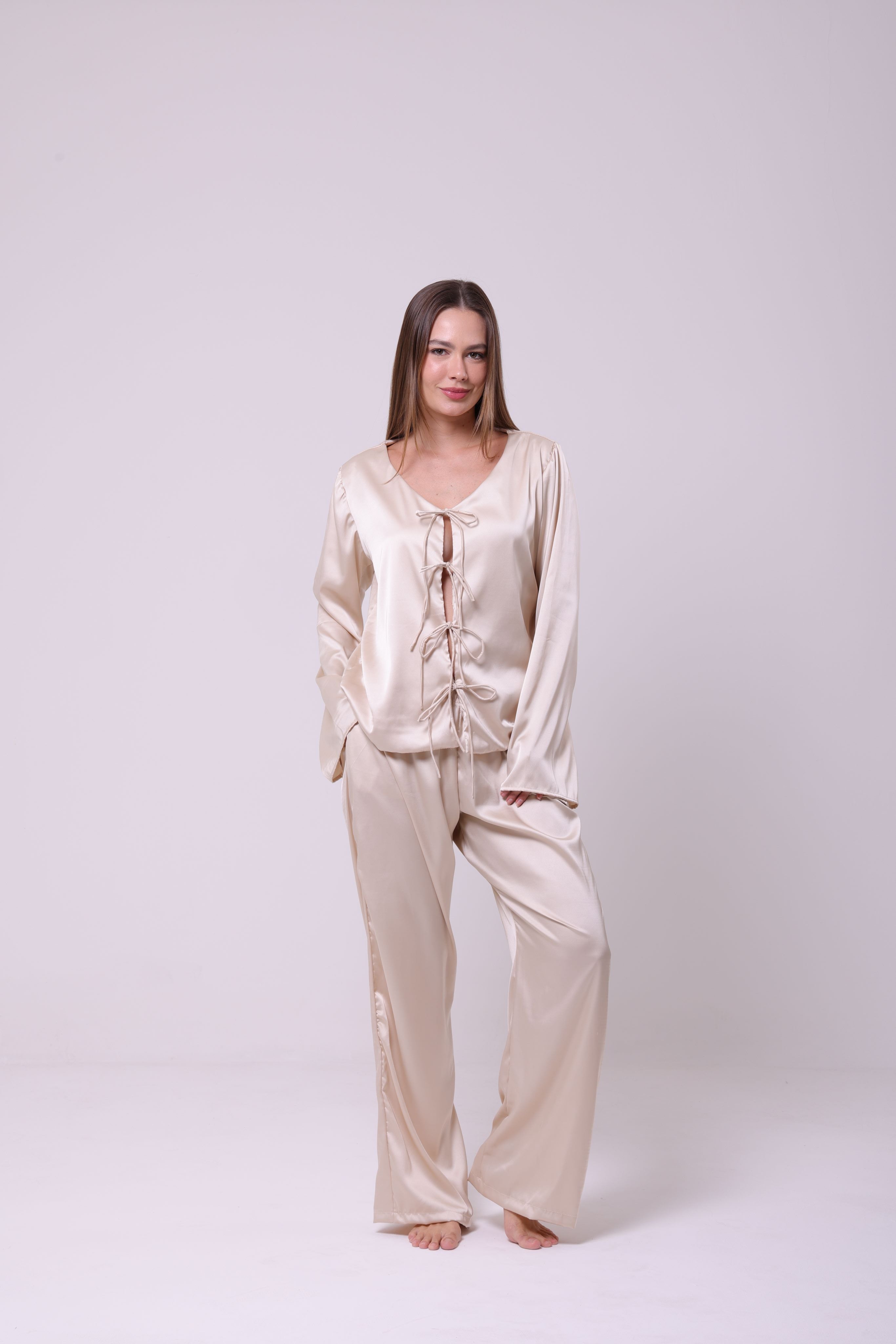 Pijama Longo Cetim Champanhe Glow