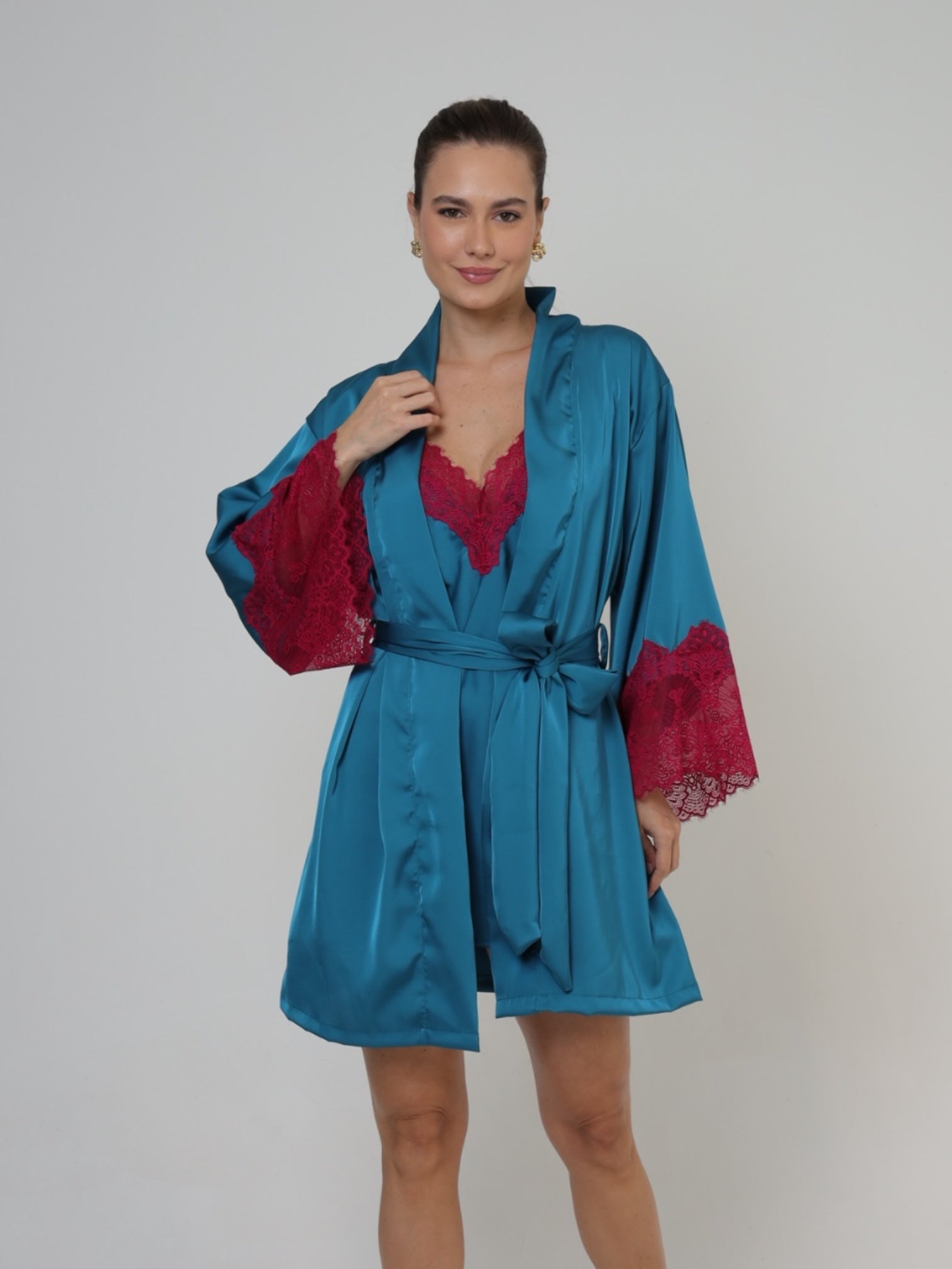 Robe Cetim Verde Petróleo