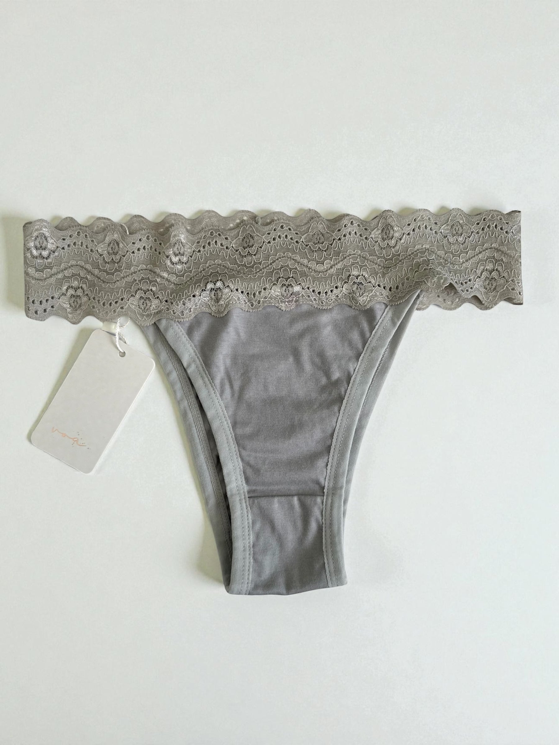 Calcinha Tanga 100% Algodão Com Renda Cinza