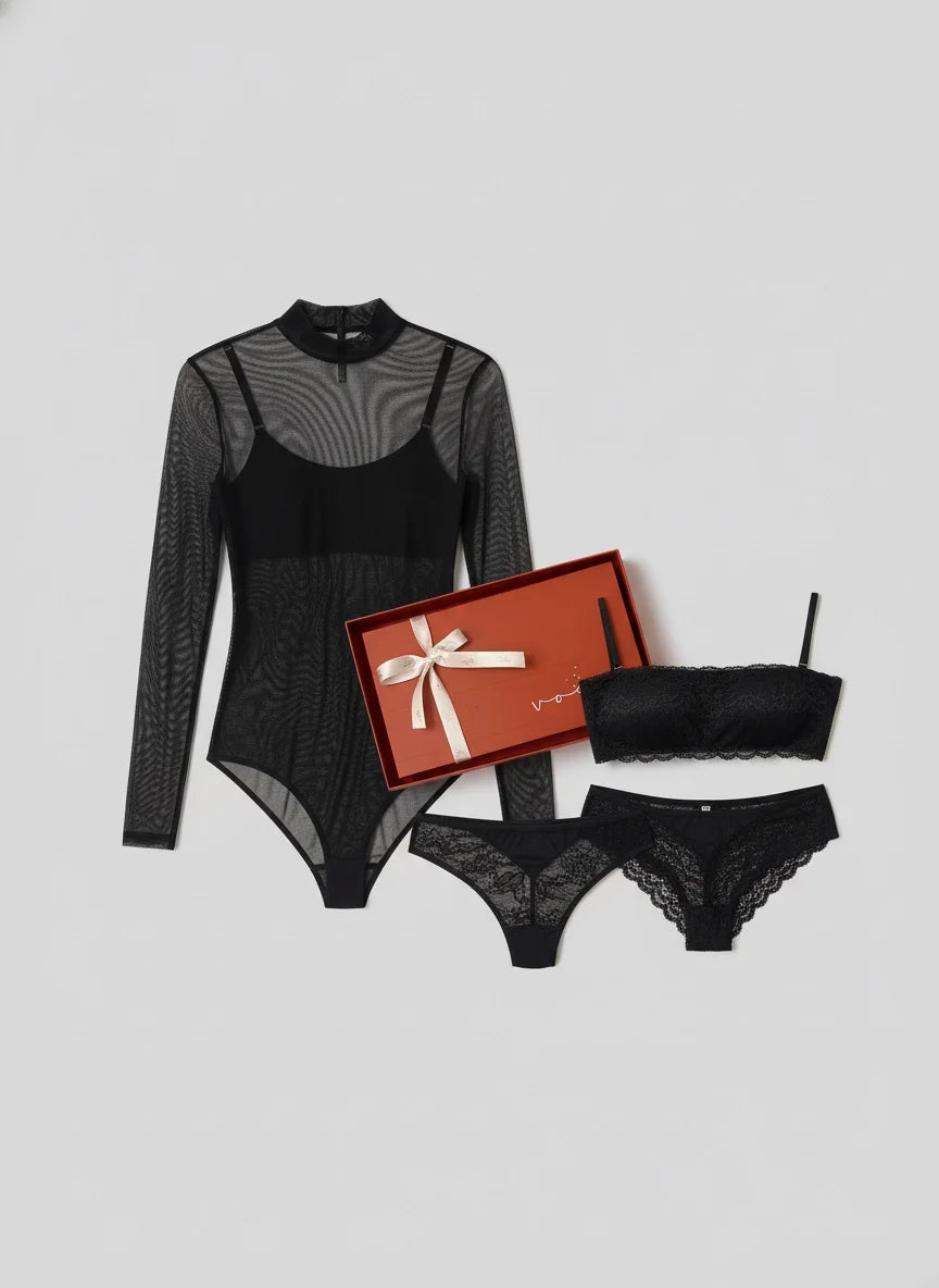Kit All Black - Body Tule + Top Faixa + Calcinha Tule