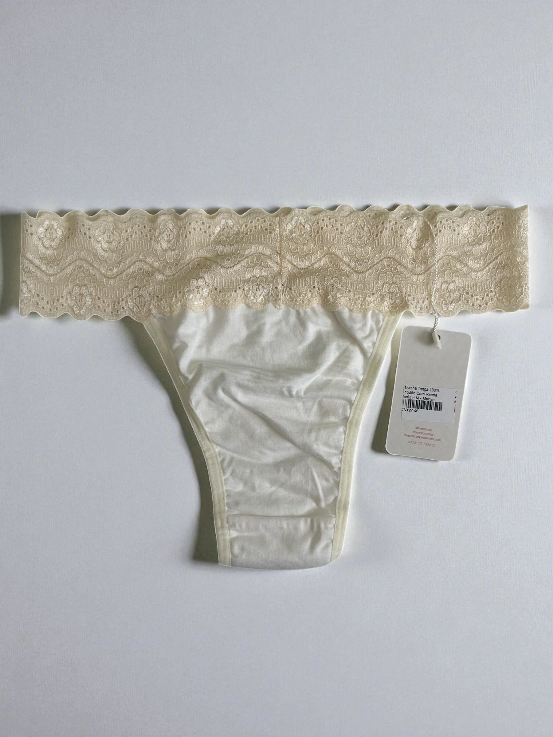 Calcinha Tanga 100% Algodão Com Renda Marfim