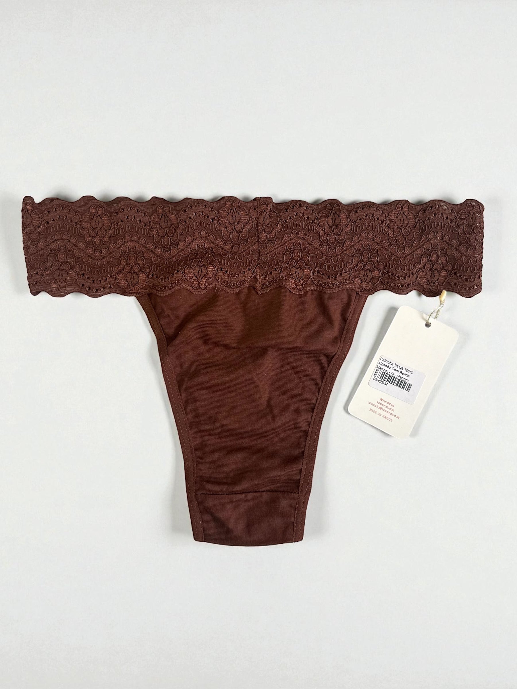 Calcinha Tanga 100% Algodão Com Renda Marrom
