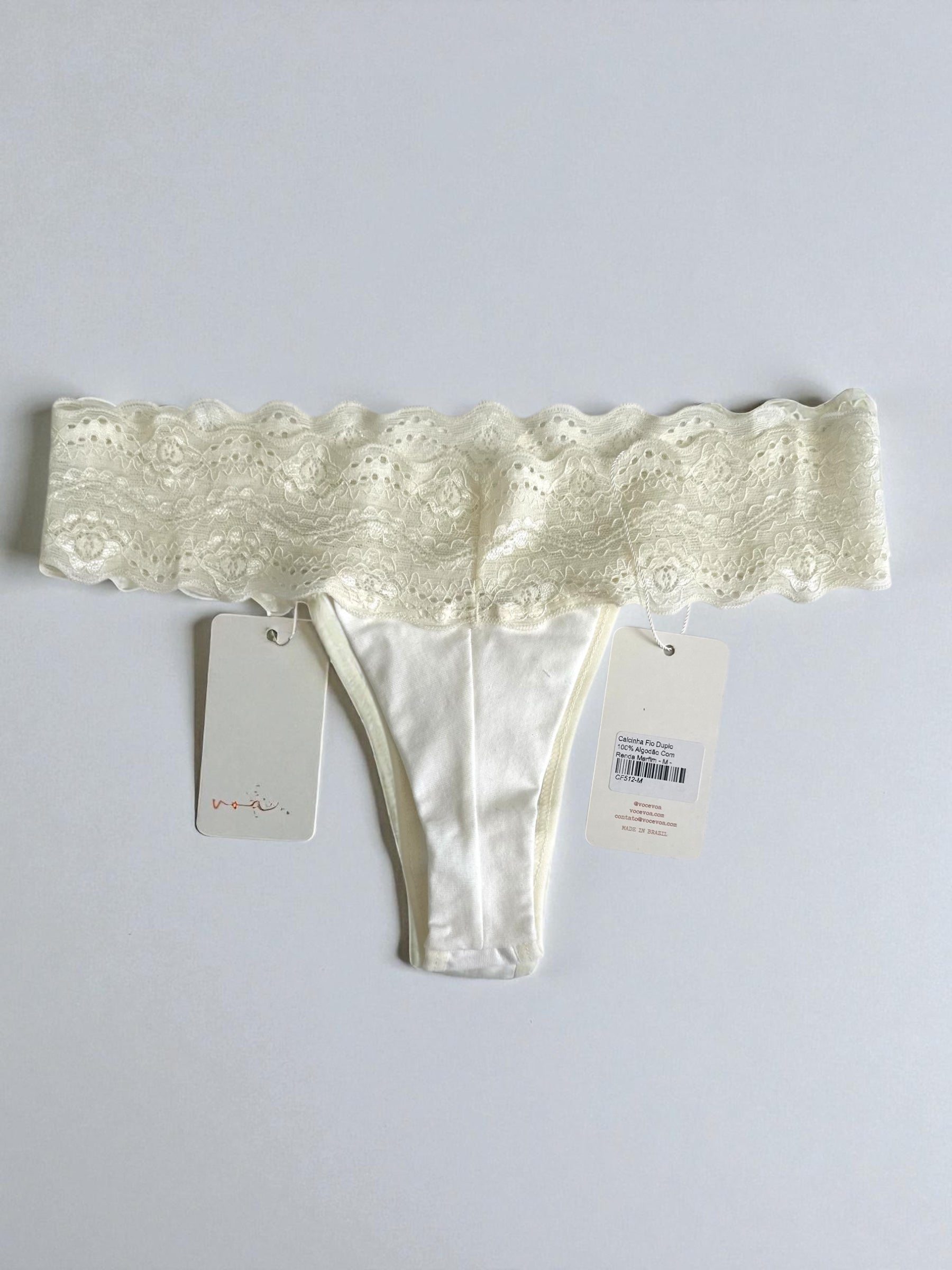 Calcinha Fio Duplo 100% Algodão Com Renda Marfim