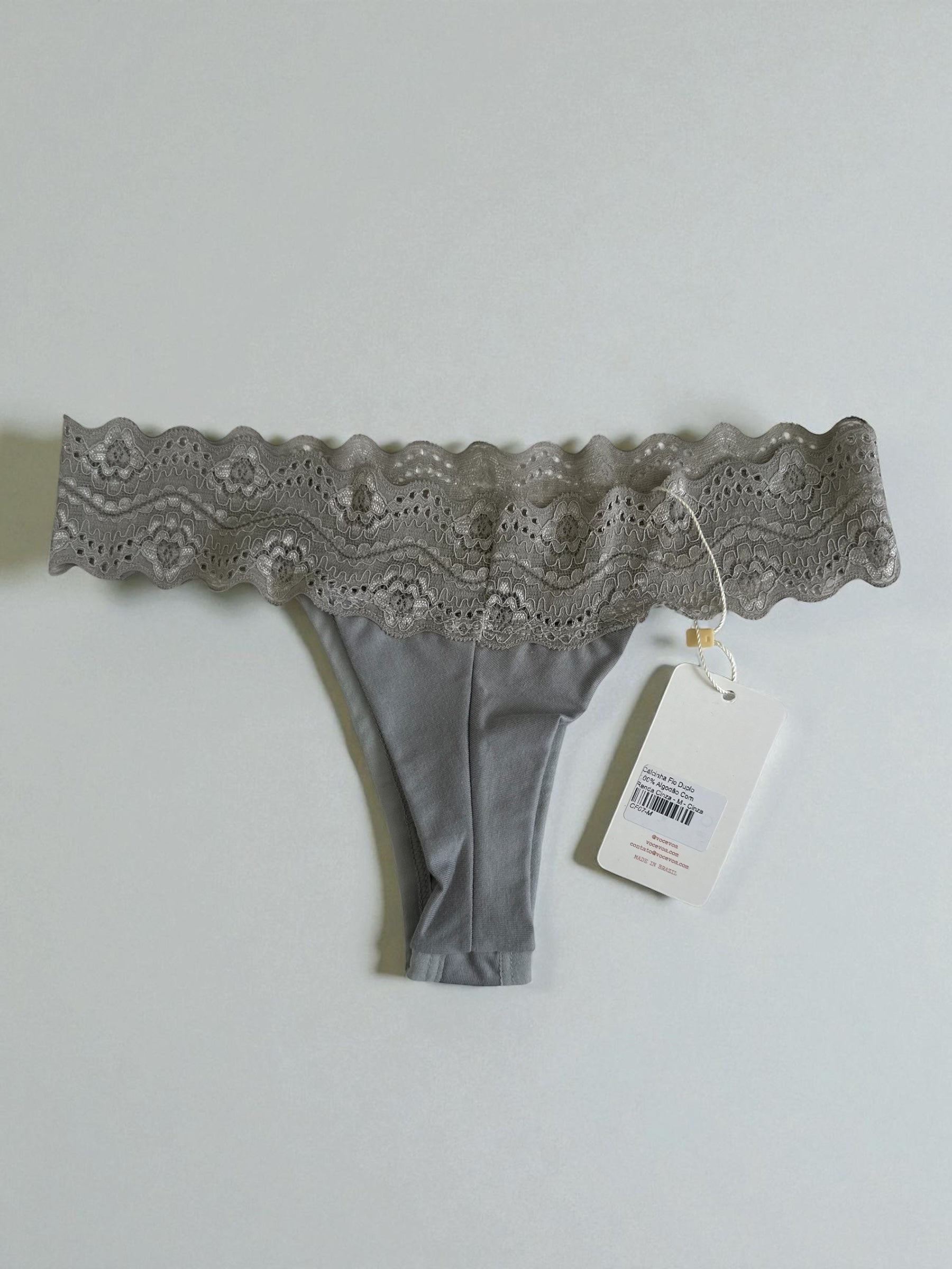 Calcinha Fio Duplo 100% Algodão Com Renda Cinza