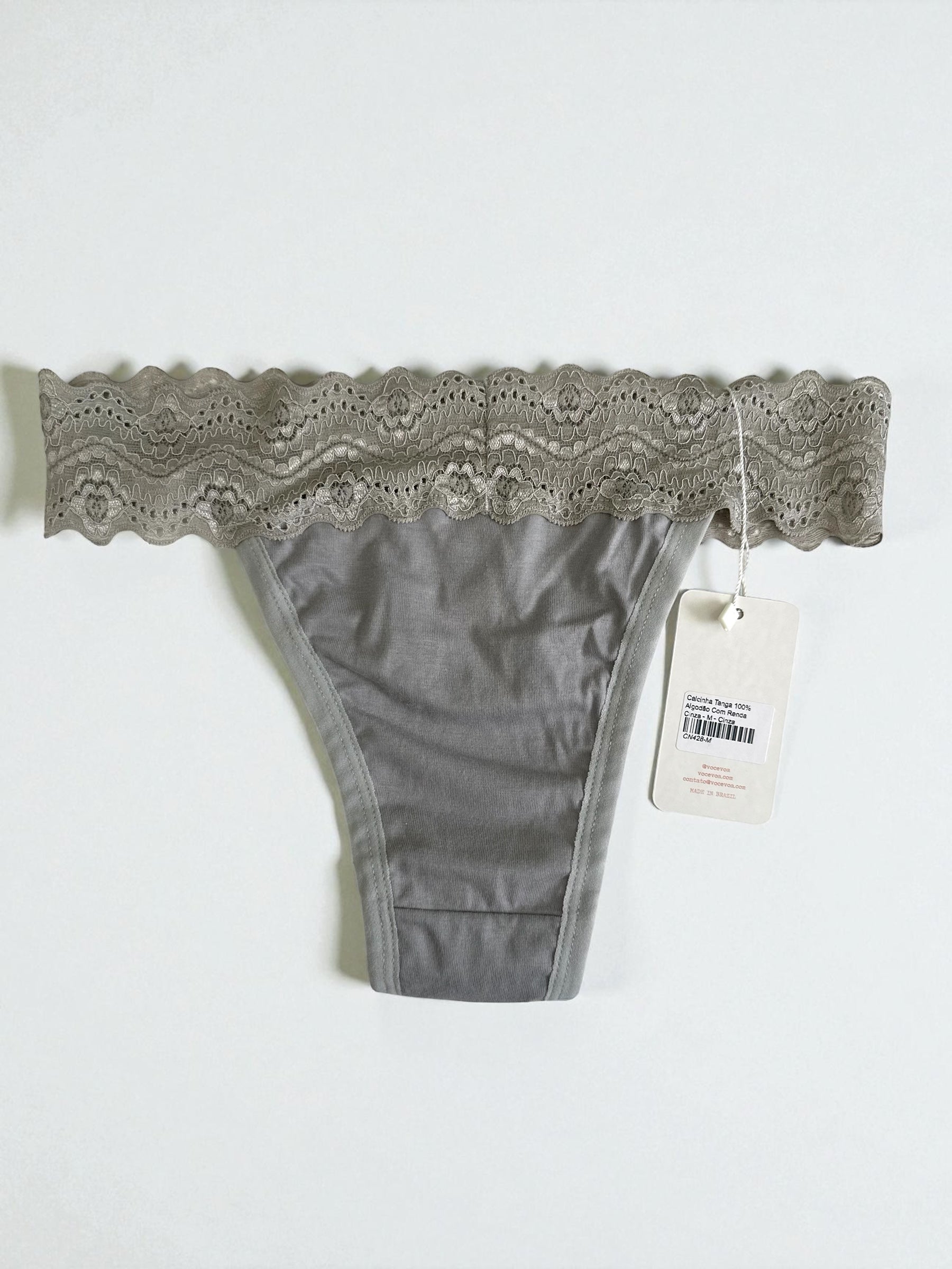 Calcinha Tanga 100% Algodão Com Renda Cinza